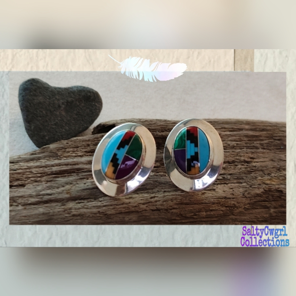 Vintage Zuni Artist Sensa Eustace Signed Inlaid Multi Stone Sterling Earrings